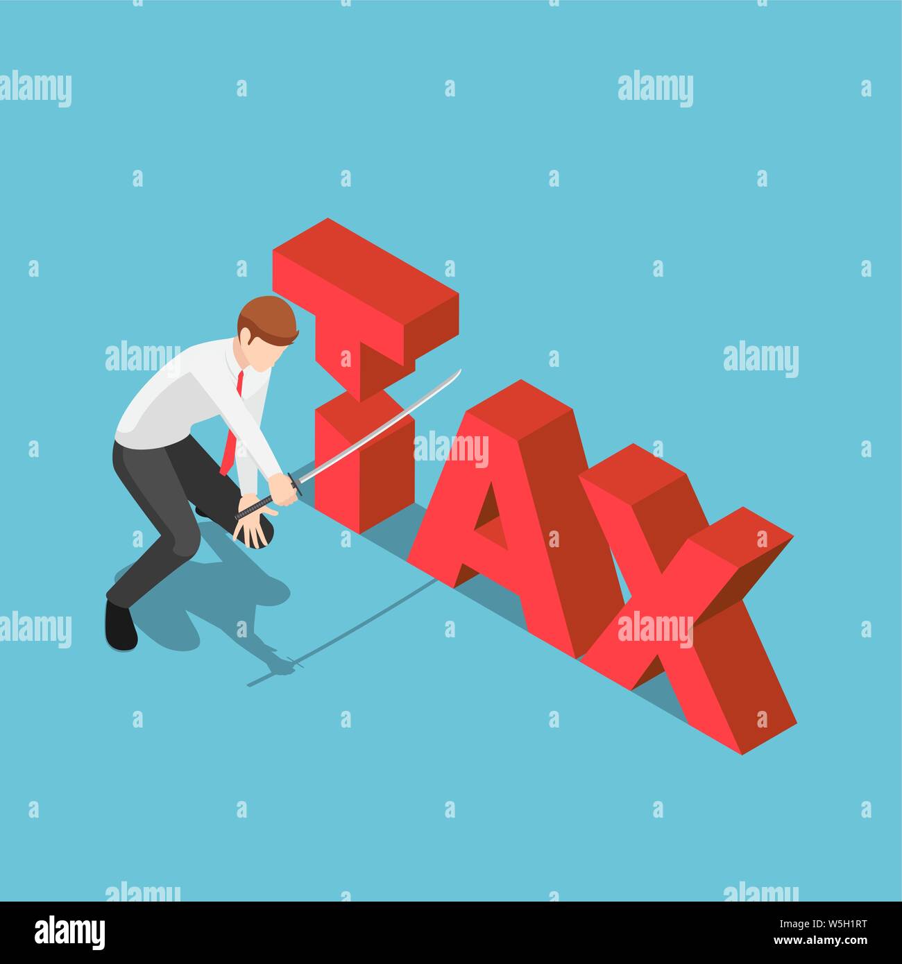 Flat 3d isometric businessman cutting tax word by japanese katana sword. Reducing taxes concept. Stock Vector