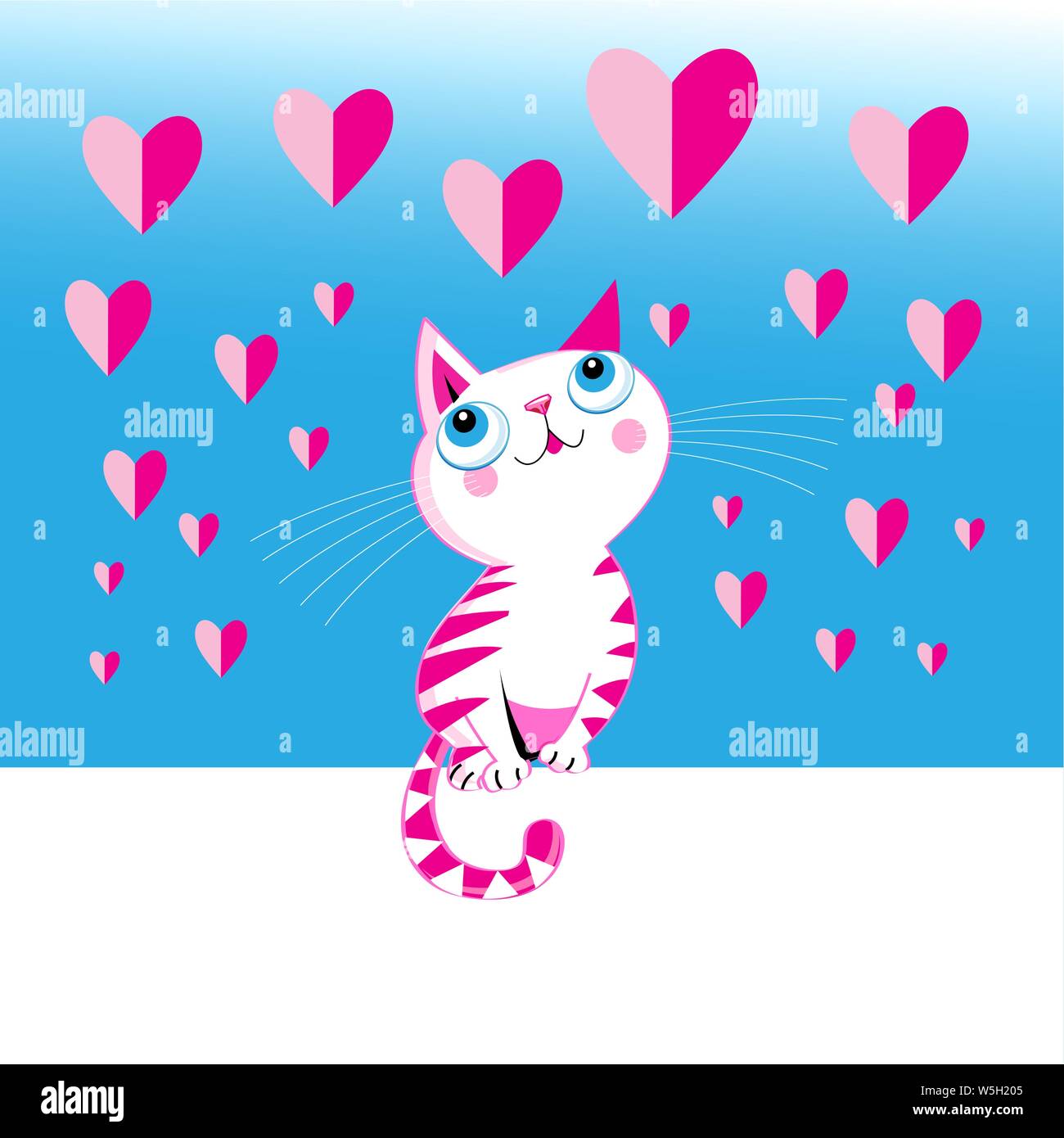 Funny love vector kitten with a heart on a blue background. Greeting ...