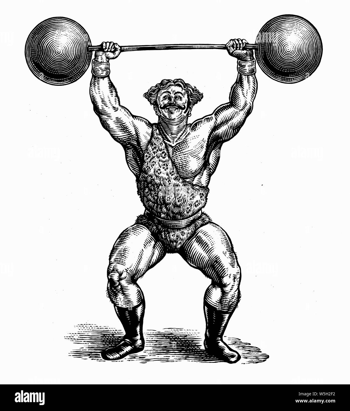 Black and white scraperboard engraving of circus strongman Stock Photo
