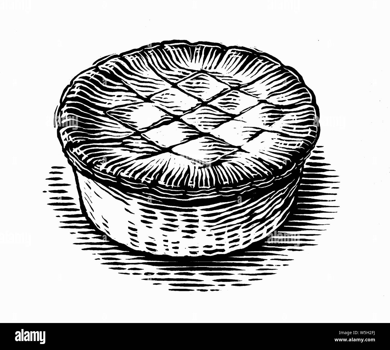Black and white scraperboard engraving of pastry pie Stock Photo