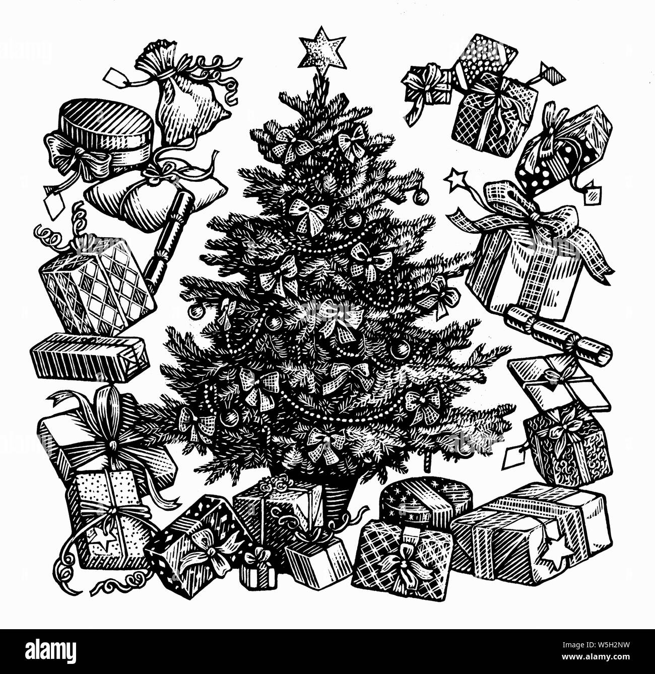 Black and white scraperboard engraving of decorated Christmas tree surrounded by presents Stock Photo