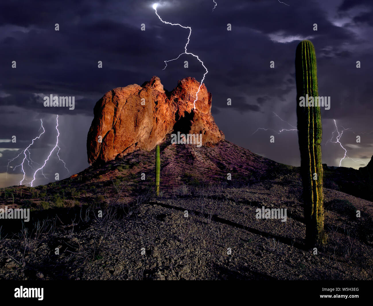 An HDR composite of lightning striking Courthouse Rock in the Eagletail Wilderness of western Arizona, United States of America, North America Stock Photo