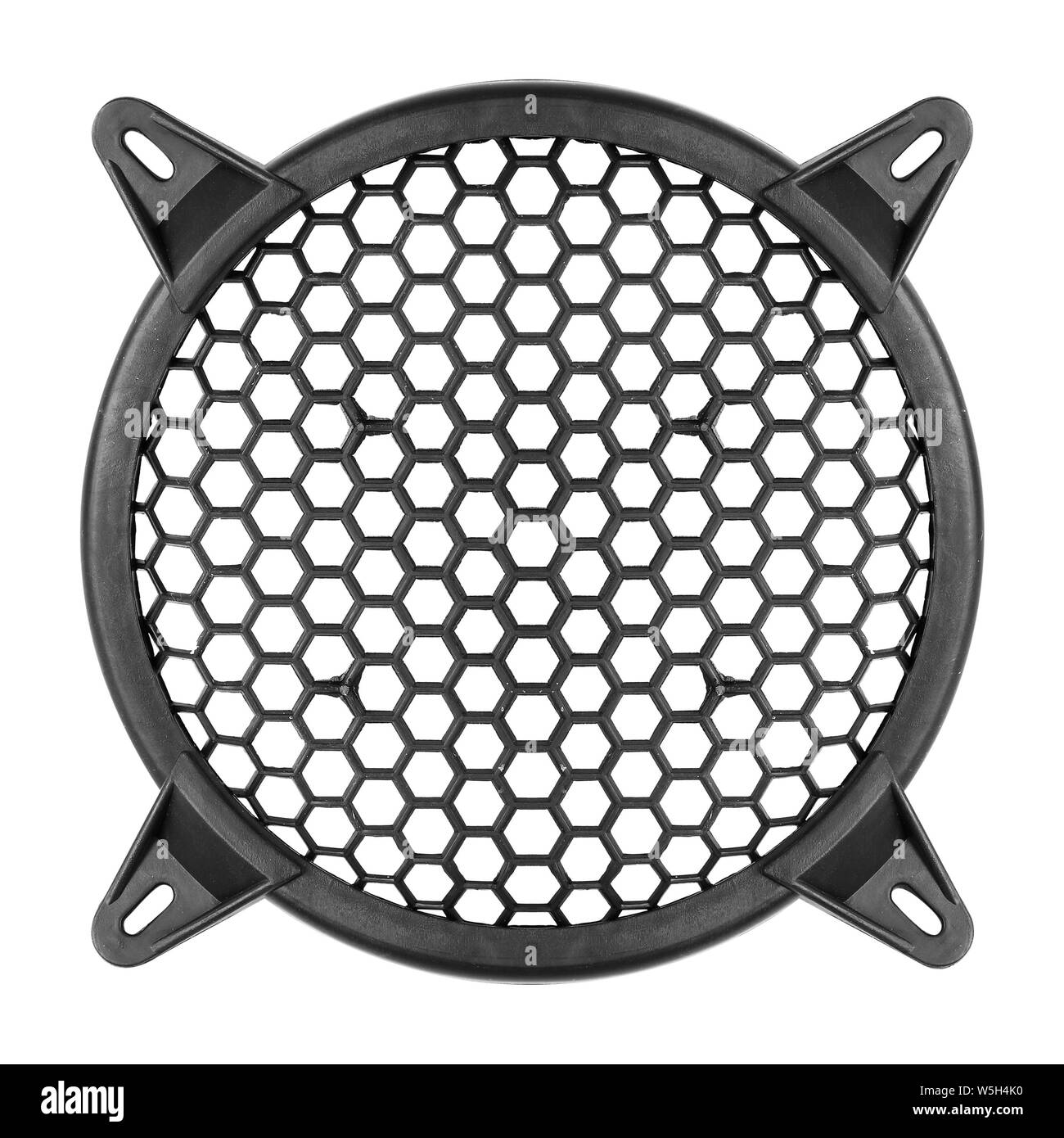 Music and sound - Speaker grill cover decorative circle plastic mesh isolated on a white backgrounf Stock Photo