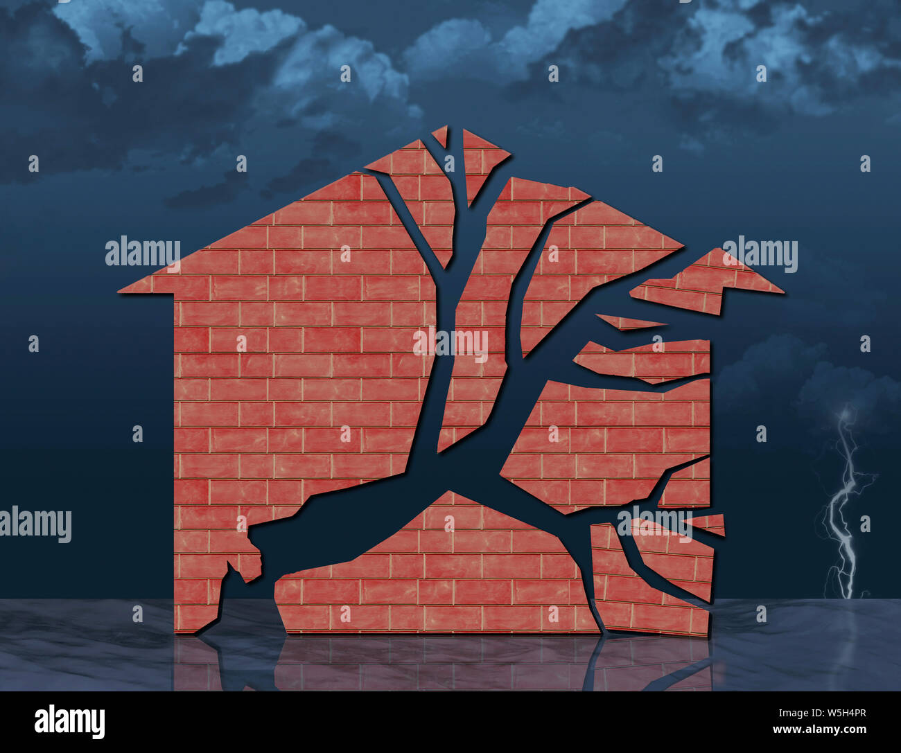 Storm damage to a home is the theme of this image. A brick home is shattered into the shape of a storm damaged tree as a storm rages in the background Stock Photo