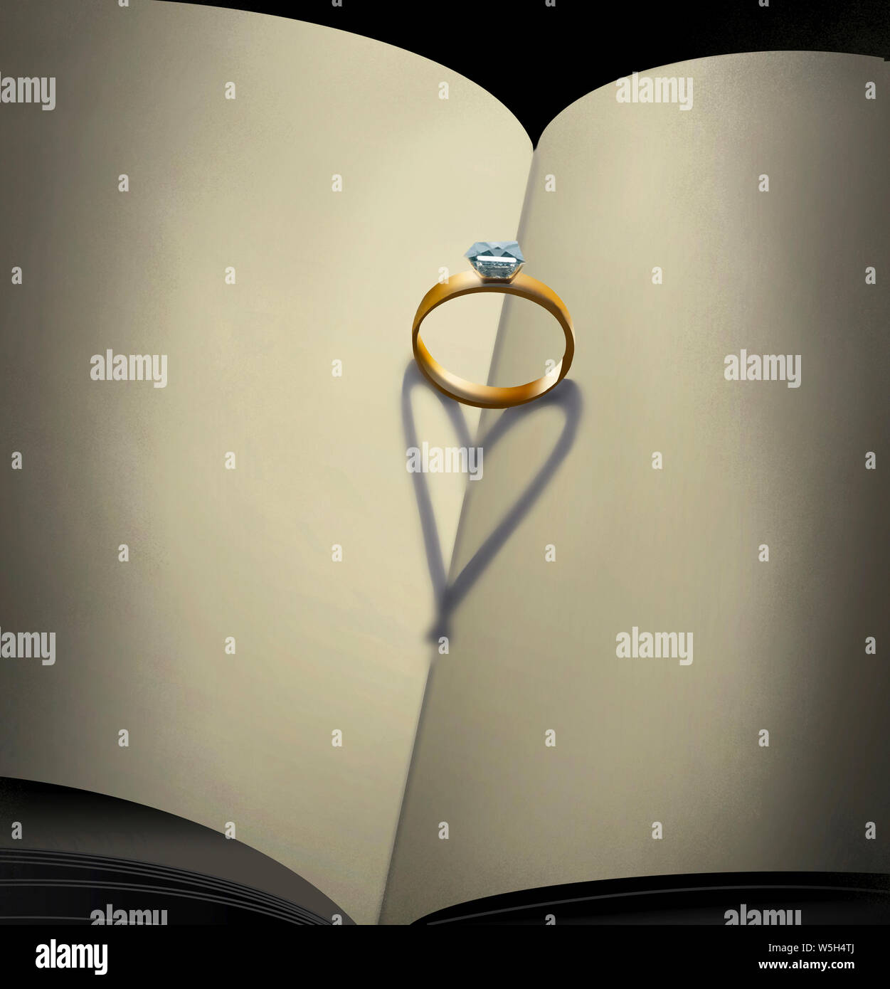 A gold wedding ring sitting on the pages of a blank book cast a shadow that looks like a heart in this illustration about future, love and marriage. Stock Photo