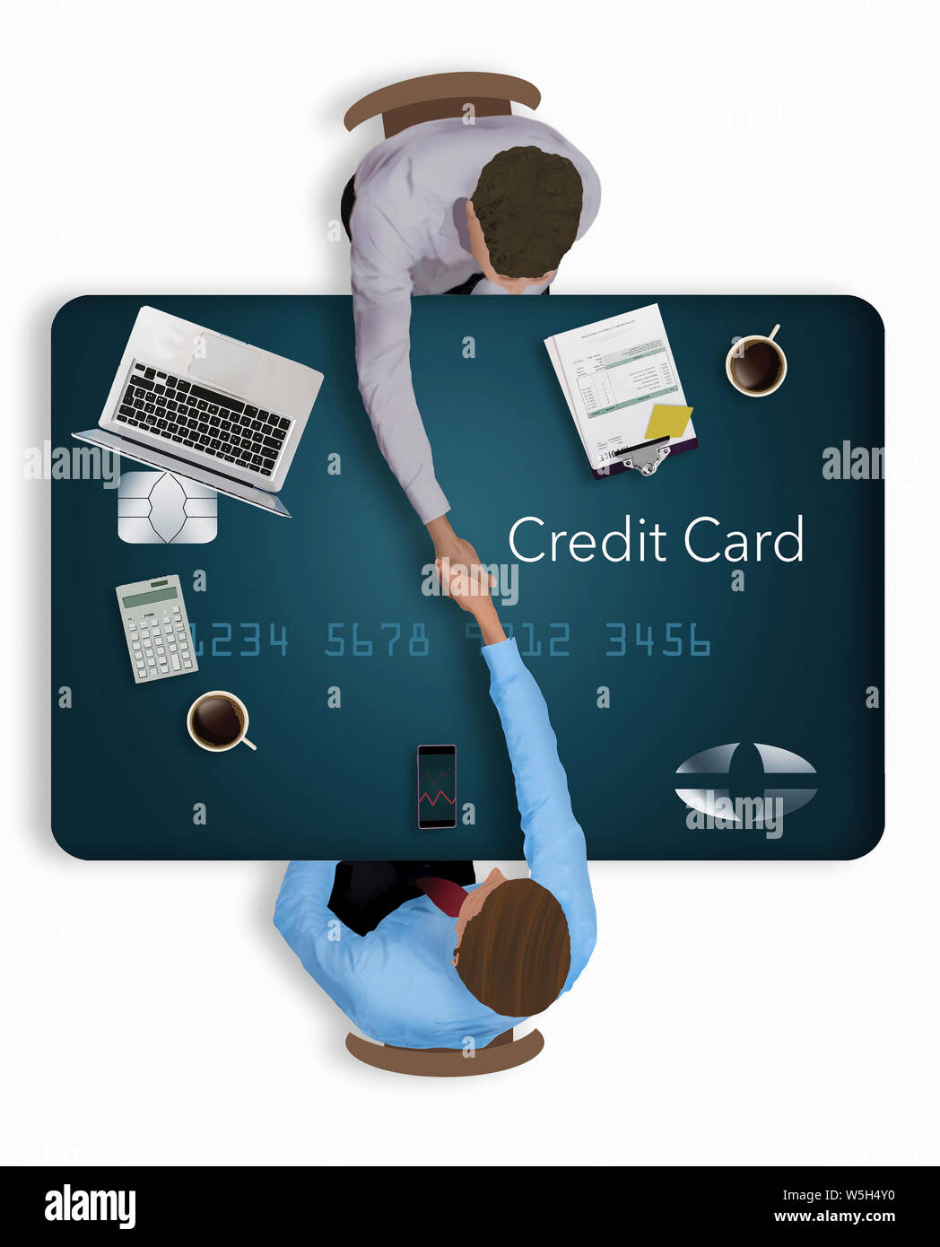 Men strike a deal and conclude with a handshake in this view from above of them working at a conference table that looks like a credit card. Stock Photo