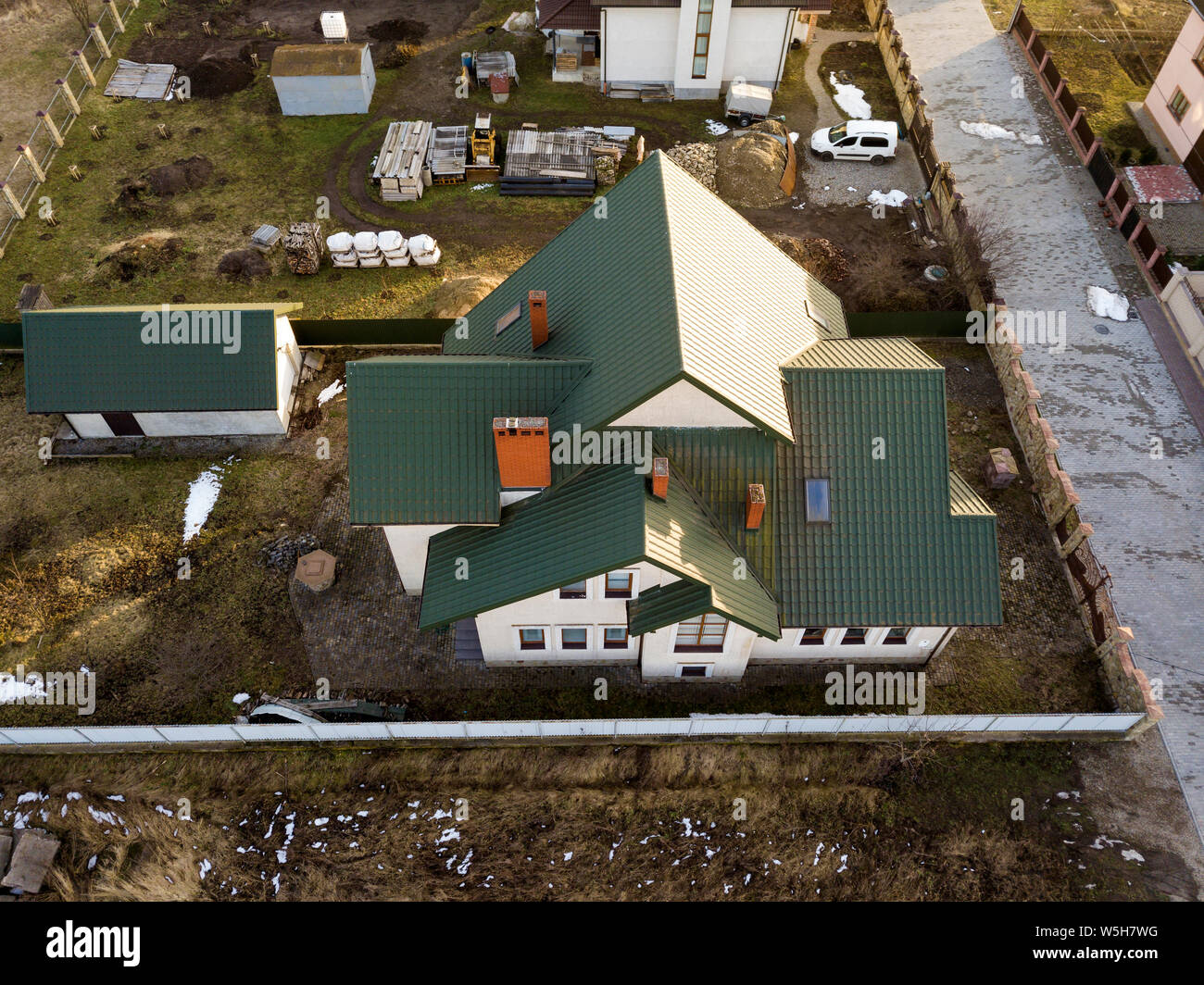 Aerial View Of New Residential House Cottage And Garage Or Barn