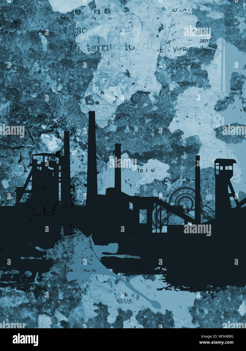 Steelworks silhouette on grunge blue background. Illustration of steelworks black silhouette on grunge background of torn fragmentes of posters. Stock Photo
