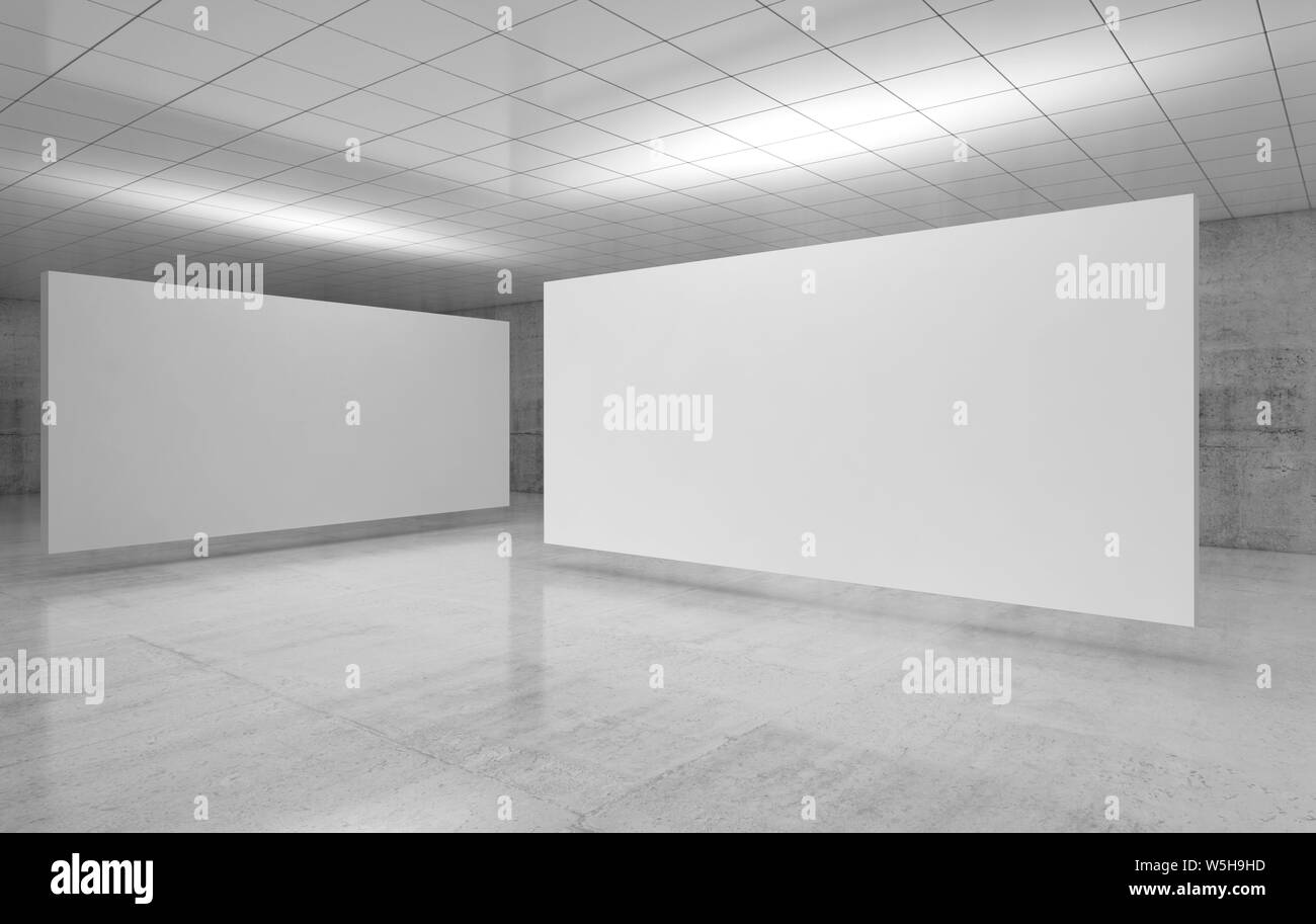 Abstract empty minimalist interior, white stands installation is in exhibition gallery room with walls made of polished concrete and shiny ceiling. 3d Stock Photo