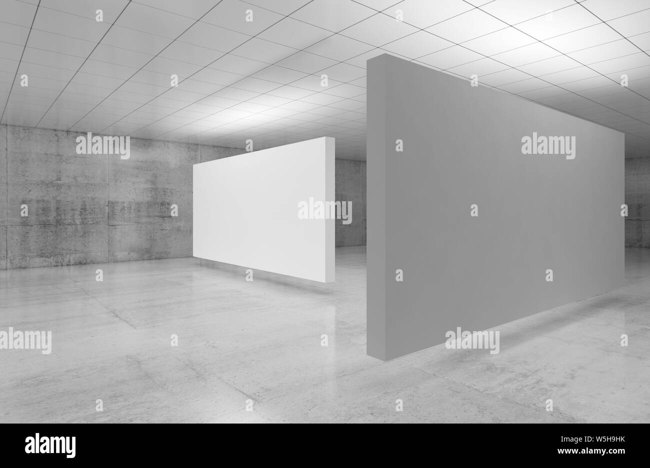 Abstract empty gallery interior, white stands installation is in exhibition room with walls made of polished concrete and shiny ceiling. 3d illustrati Stock Photo