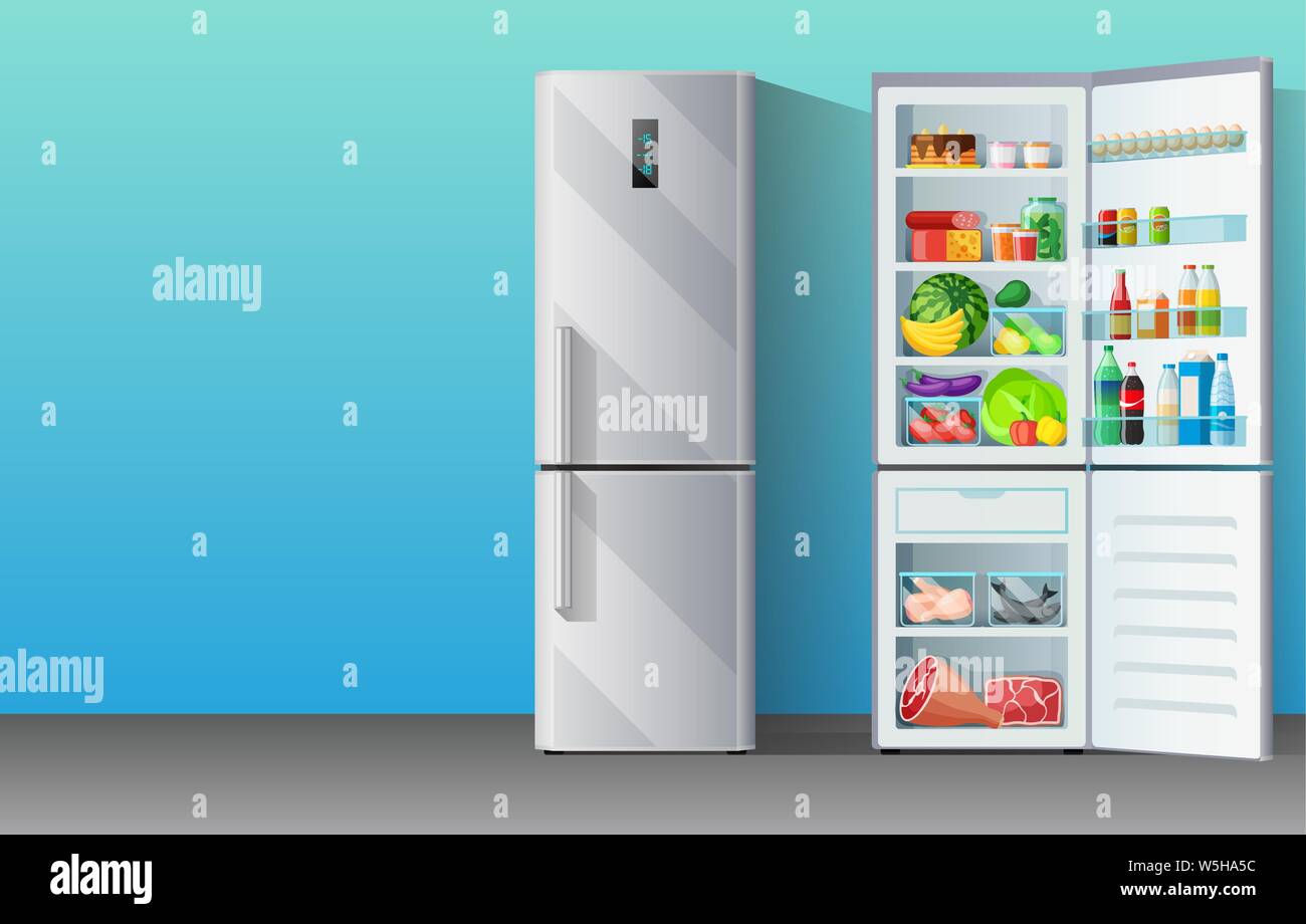 Banner with modern grey chromium-plated fridge freezer closed and opened with colorful food supplies inside: fruits, vegetables, milk, drinks and Stock Vector
