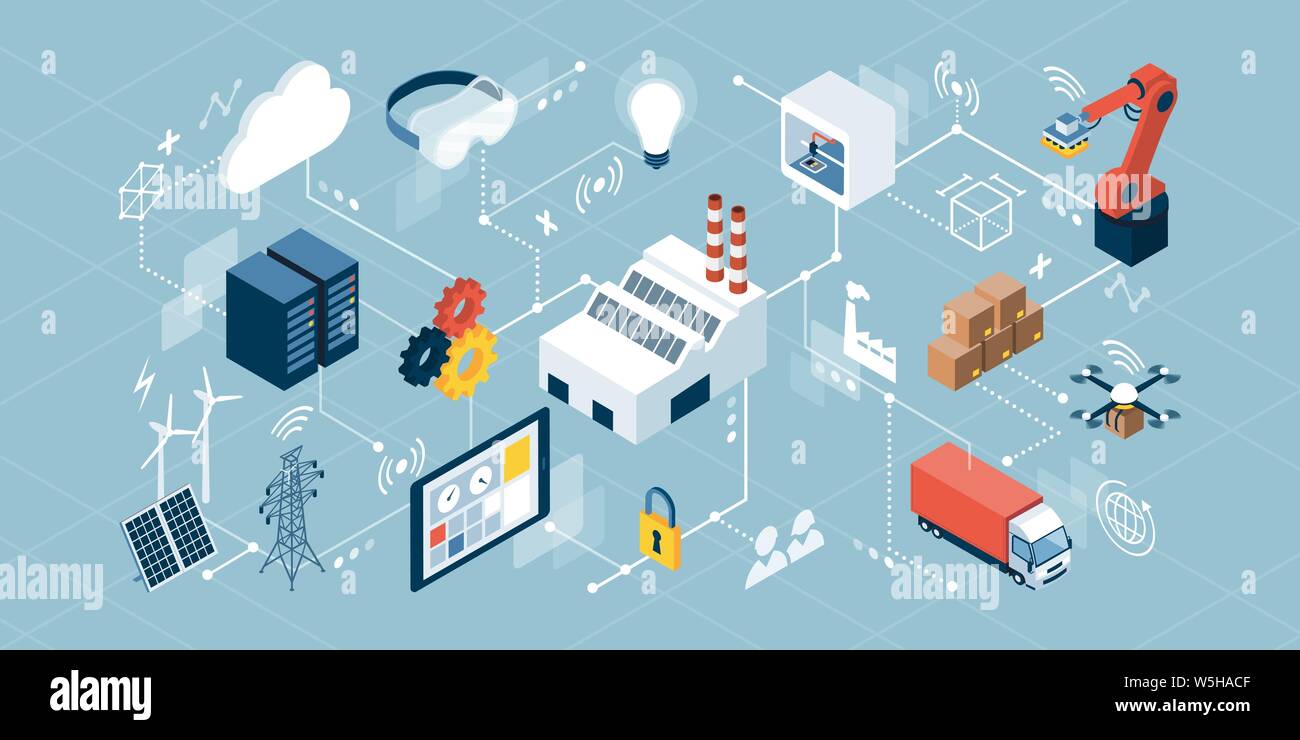 Industrial internet of things, innovative manufacturing and smart industry: isometric network of concepts Stock Vector