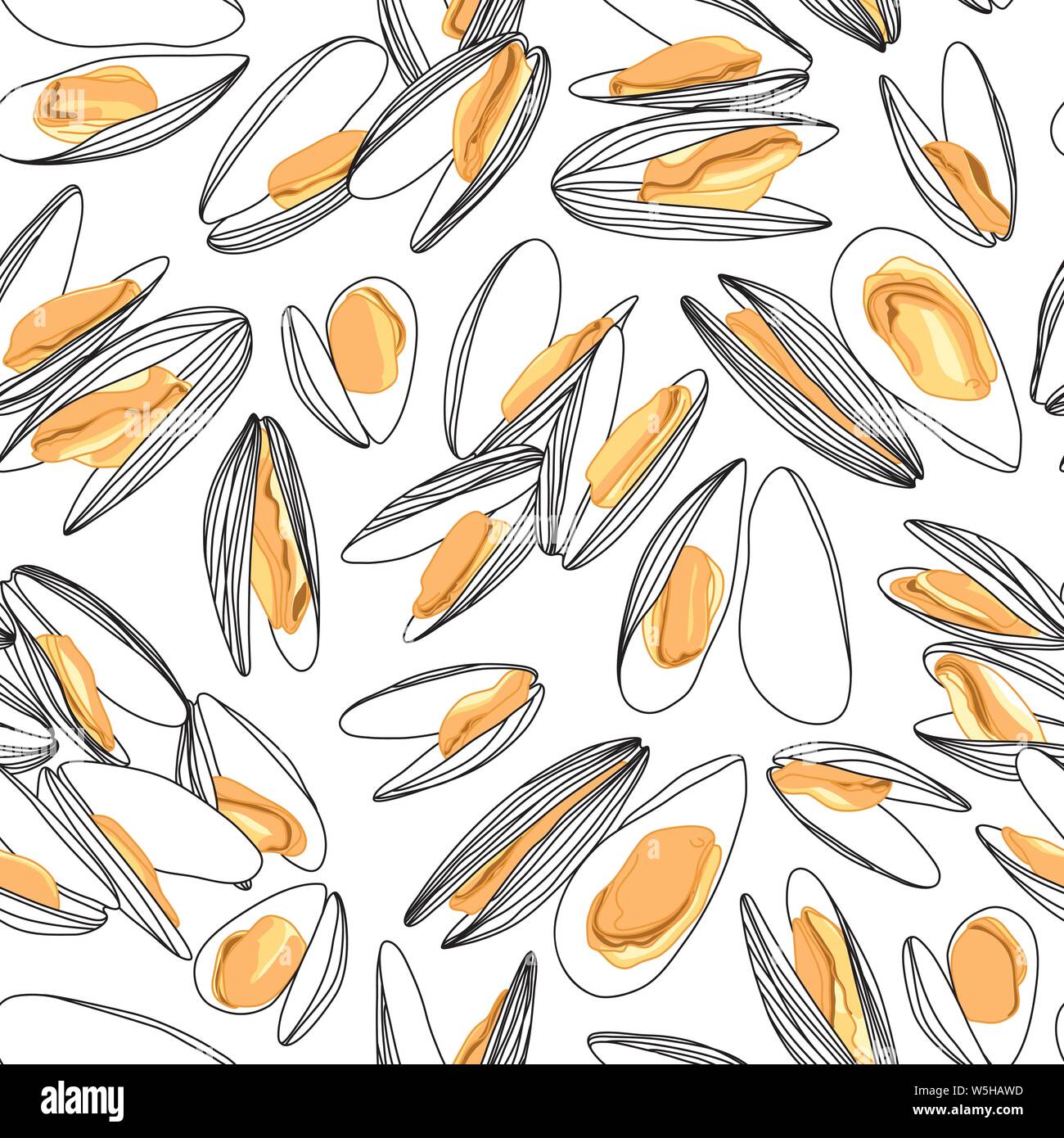 Hand Drawn Orange Mussels in Shells Sketch Line Drawing Ornamental ...