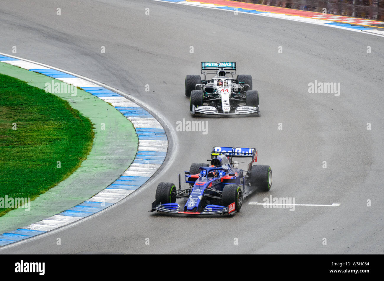 Formula 1 German GP in Hockenheim 28 July 2019: Mercedes, Torro Rosso, Lewis Hamilton, Alexander Albon Stock Photo
