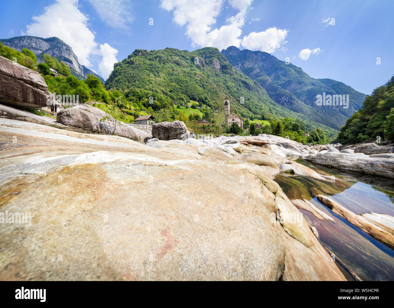 Traveling to beautiful Swiss Lavertezzo village in summer Stock Photo