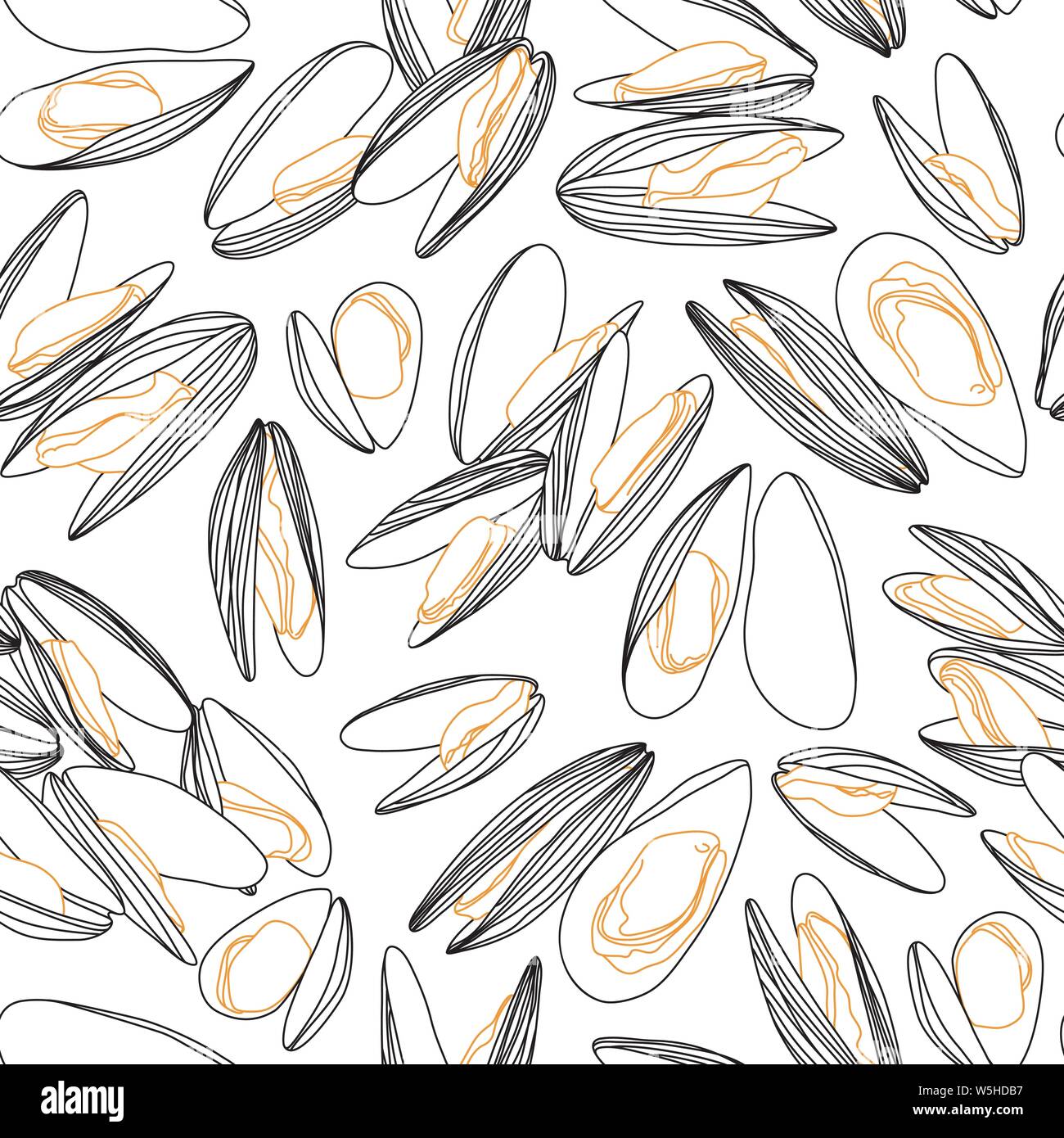 Hand Drawn Mussels Sketch Line Drawing Ornamental Seamless Pattern on White Stock Vector