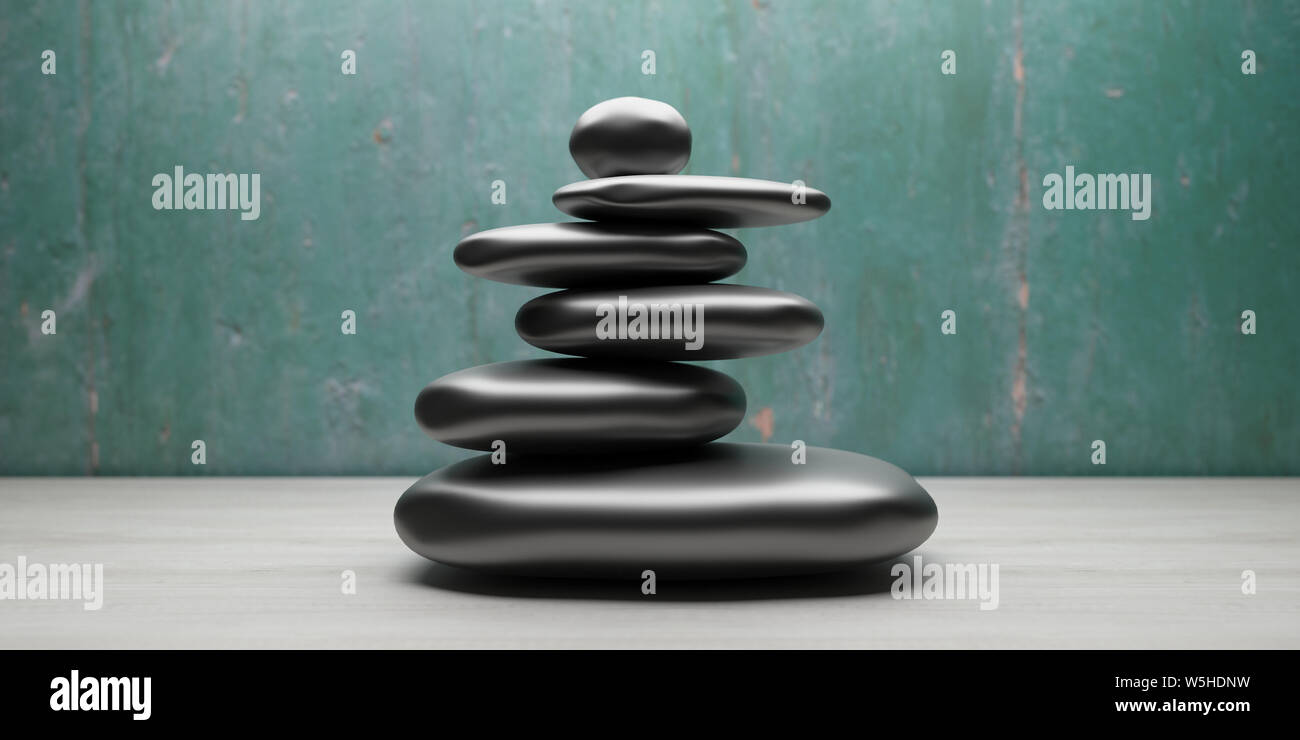 Zen stones stack black color, interior green wall and wood floor ...