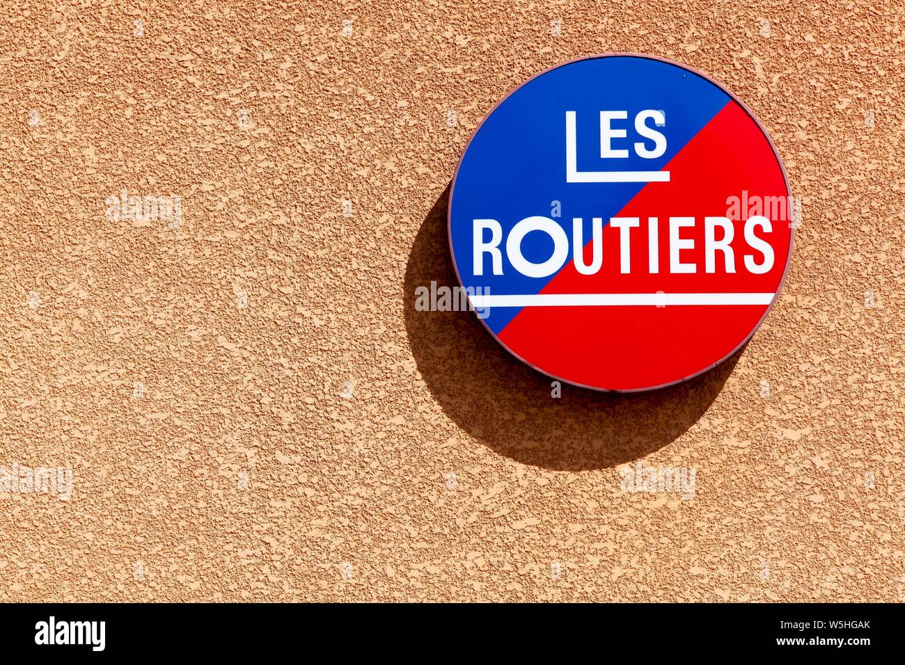 Belleville, France - July 16, 2015: Les Routiers logo. Les Routiers is a company that provides travel guide books for eating out and hotels in France Stock Photo