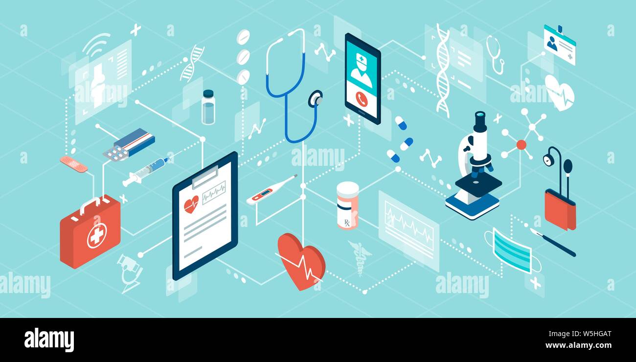 Telemedicine, medical treatment and online healthcare services, isometric network of concepts Stock Vector