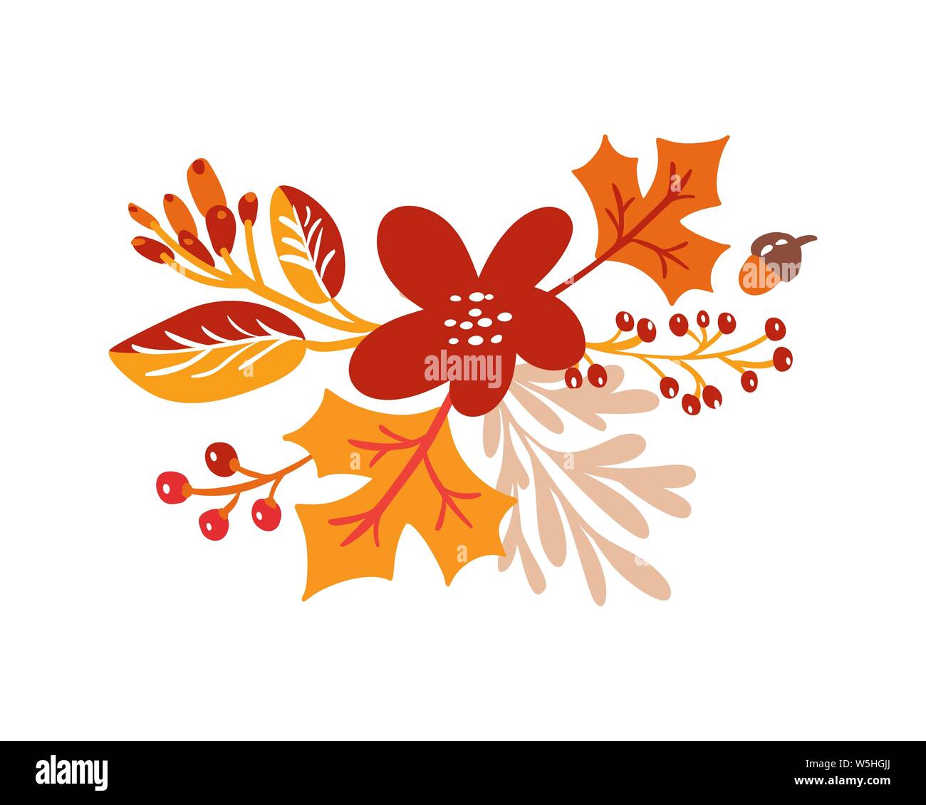 Vector autumn bouquet elements. maple orange leaves, berries flat lay composition isolated on white background. Perfect for seasonal holidays Stock Vector