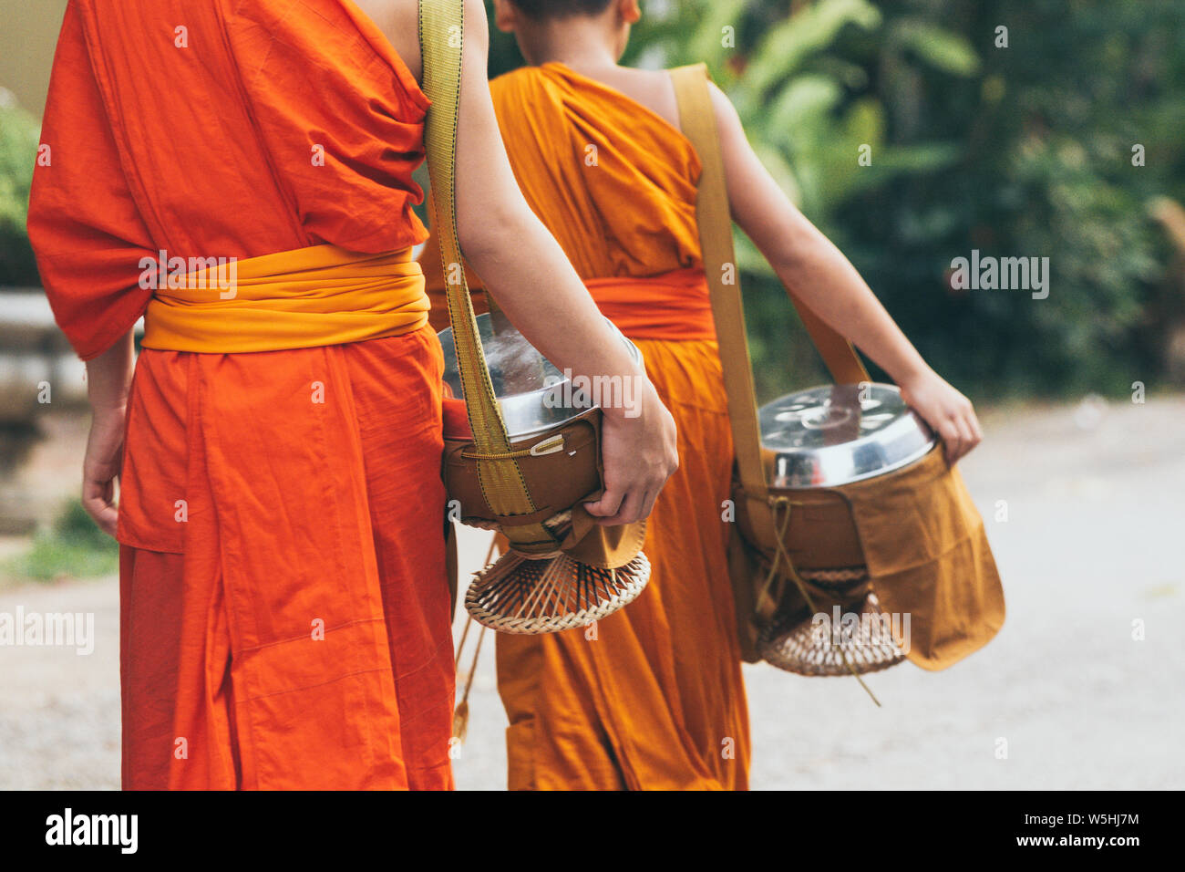 Buddhist monks during Laotian traditional sacred alms giving ceremony in Luang Prabang city, Laos. Stock Photo