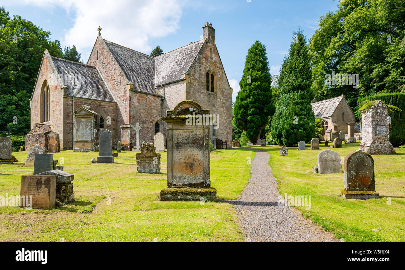 Humbie Parish Church, East Lothian, Scotland, UK on sunny Summer day with old gravestones in cemetery Stock Photo