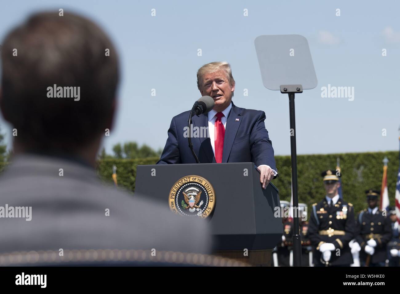 U.S. President Donald J. Trump speaks during a Full Honors Welcome Ceremony for Secretary of Defense Dr. Mark T. Esper (left), at the Pentagon, Washington, D.C. July 25, 2019, July 25, 2019. (DoD photo by Lisa Ferdinando). () Stock Photo