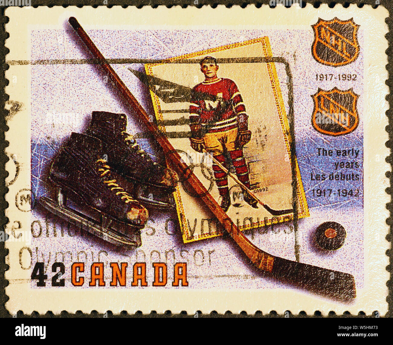Vintage stuff for ice hockey on canadian stamp Stock Photo