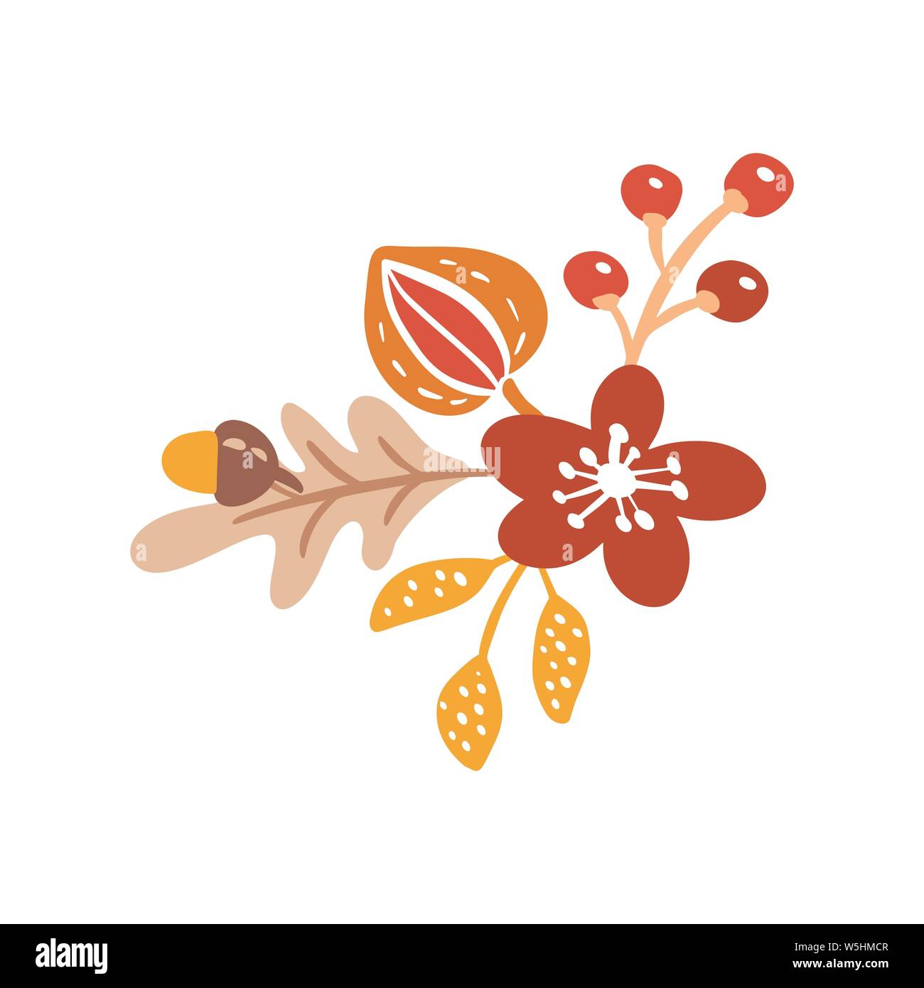 Vector autumn bouquet elements. maple orange leaves, berries flat lay composition isolated on white background. Perfect for seasonal holidays Stock Vector