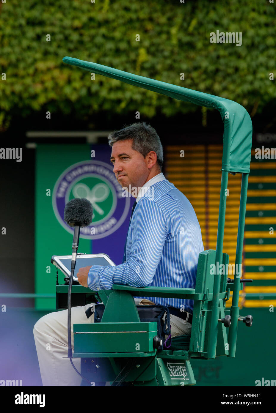 Court Official Wimbledon Umpire at The Championships , Wimbledon 2019. Stock Photo