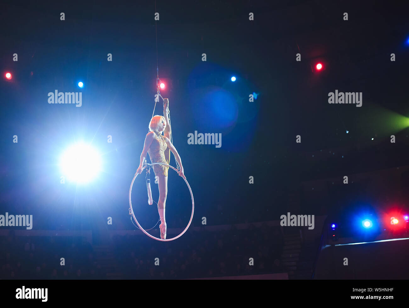 Aerial acrobat in the ring. A young girl performs the acrobatic ...