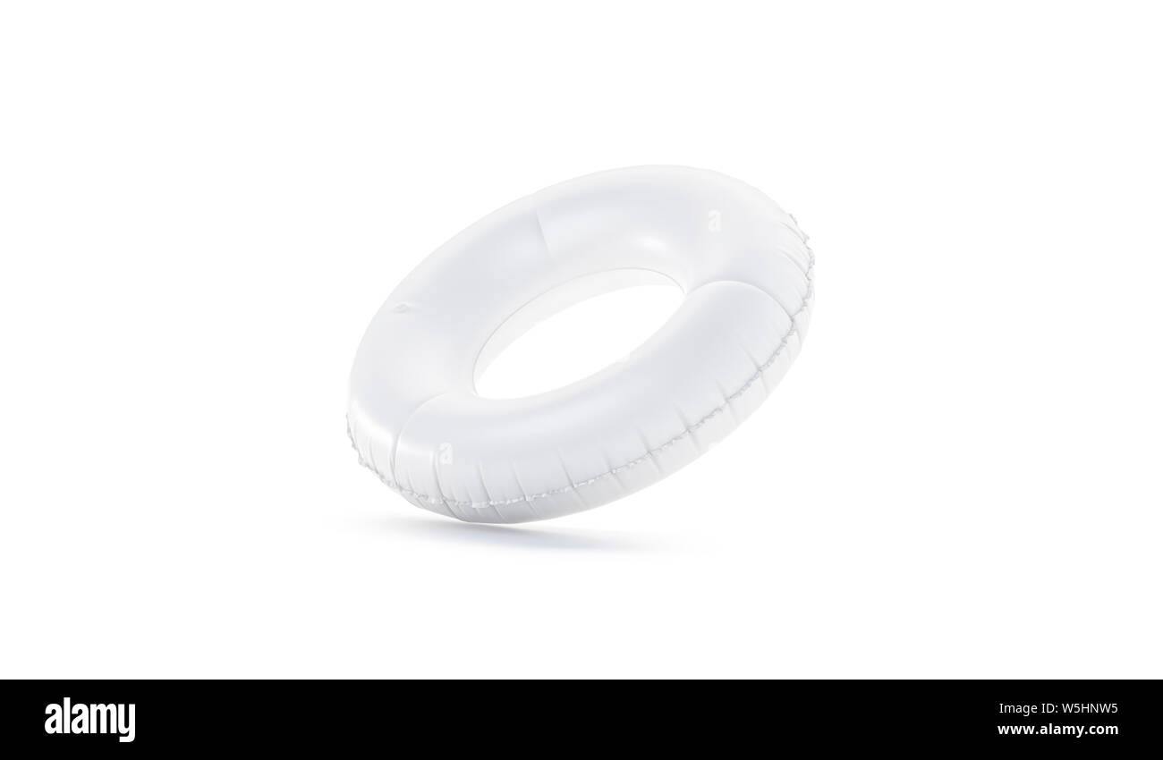 Blank white swim ring no gravity mockup isolated, 3d rendering. Empty safety circle mock up. Clear inflatable round aid for pool or aquapark template. Stock Photo