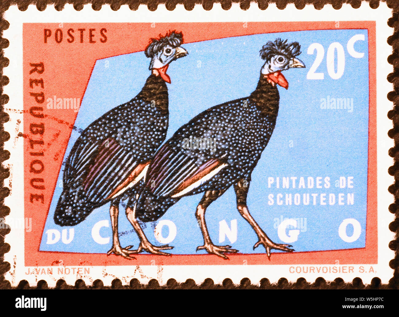 Two crested guineafowls on postage stampo of Congo Stock Photo