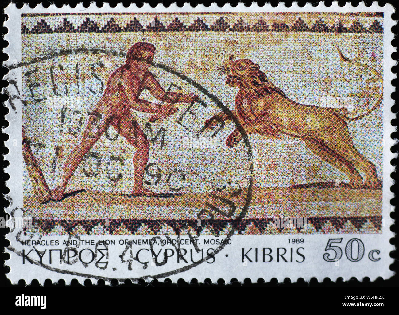 Ancient mosaic of Heracles on stamp of Cyprus Stock Photo