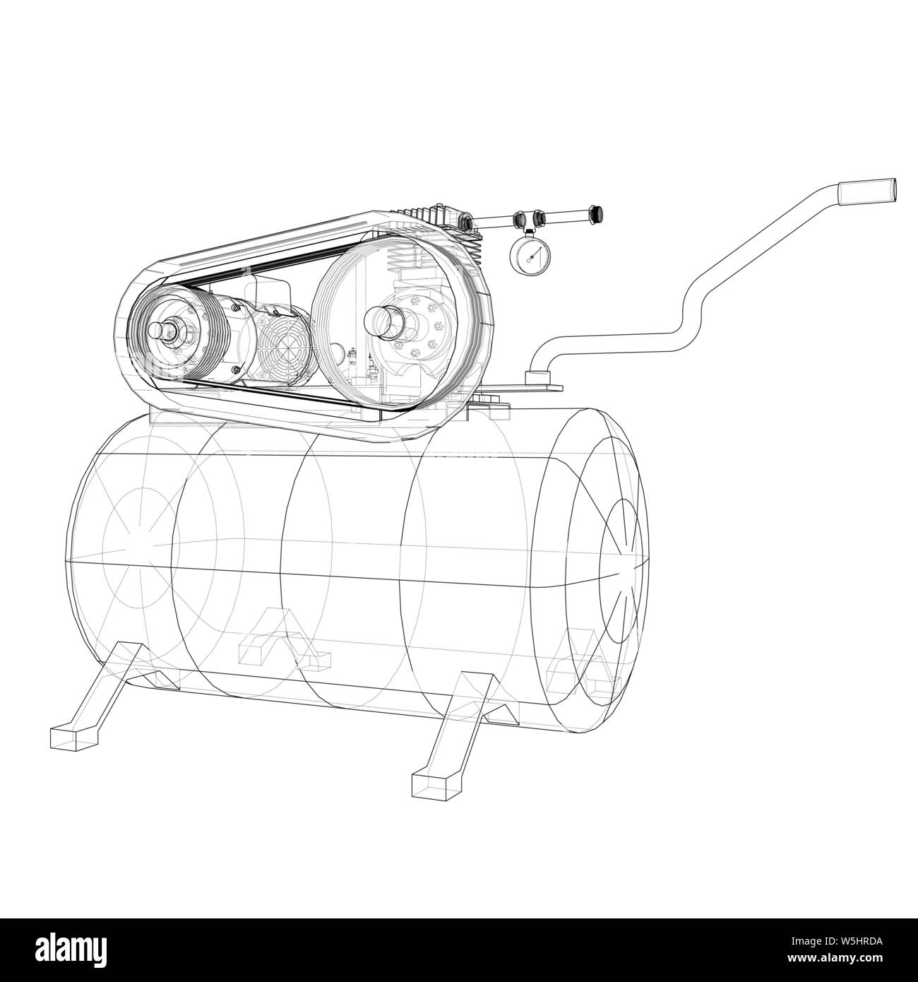 Outline Air compressor. Vector rendering of 3d. Wire-frame style. The layers of visible and invisible lines are separated Stock Vector