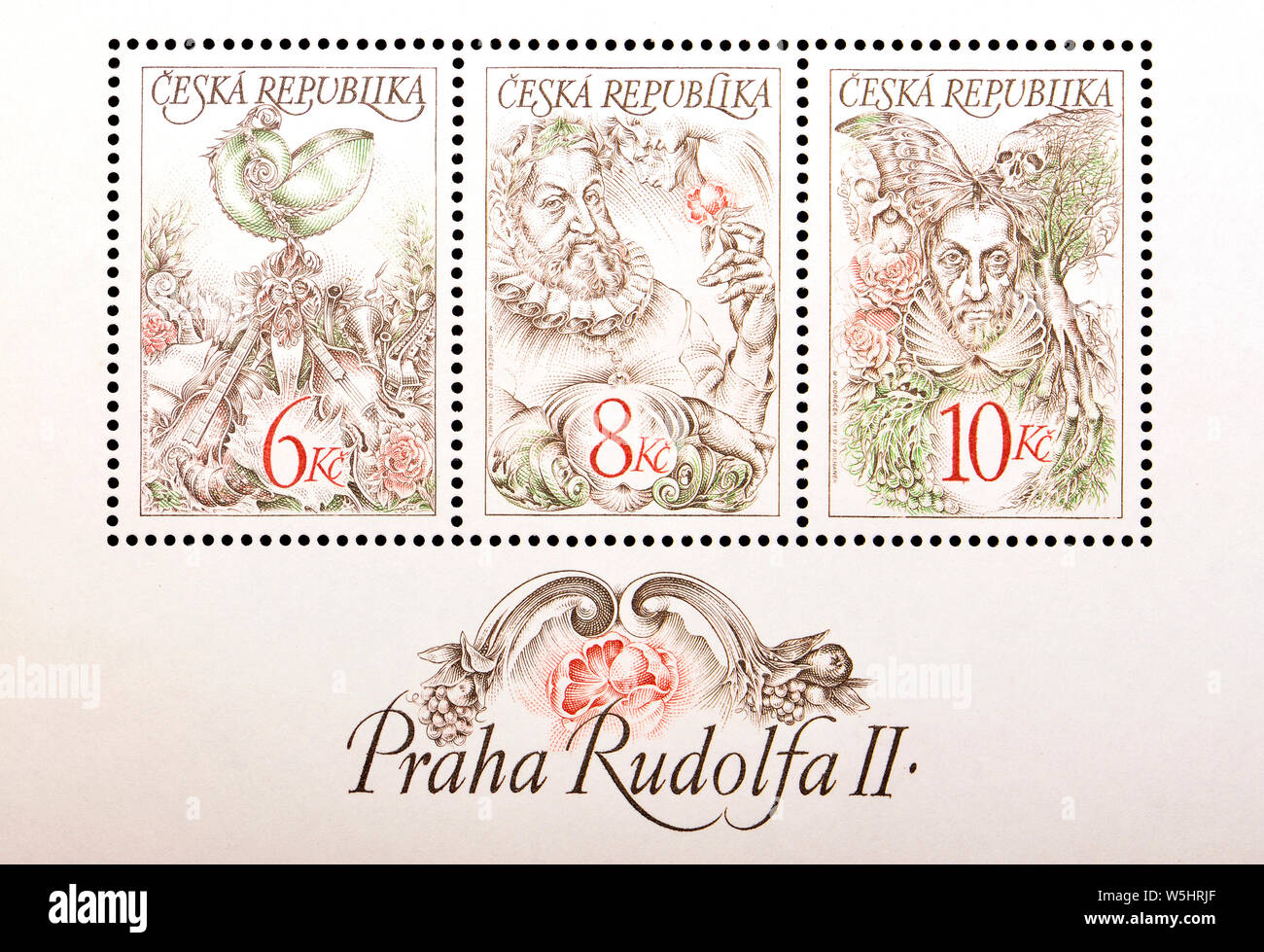 Czech Republic postage stamp mini sheet (1997) : Rudolf II (1552 – 1612) Holy Roman Emperor (1576–1612) King of Hungary and Croatia (as Rudolf I, 1572 Stock Photo