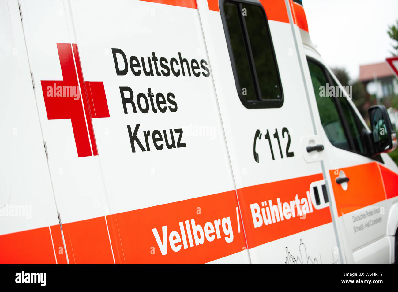 Ilshofen, Germany, July 2019. German Ambulance Car with headline: Deutsches Rotes Kreuz in English German Red Cross. Stock Photo