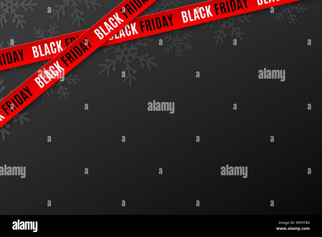 Template for Black Friday sale on black background. Crossed red ribbons with text. Snowflakes background. Super seasonal sale. Festive graphic element Stock Vector