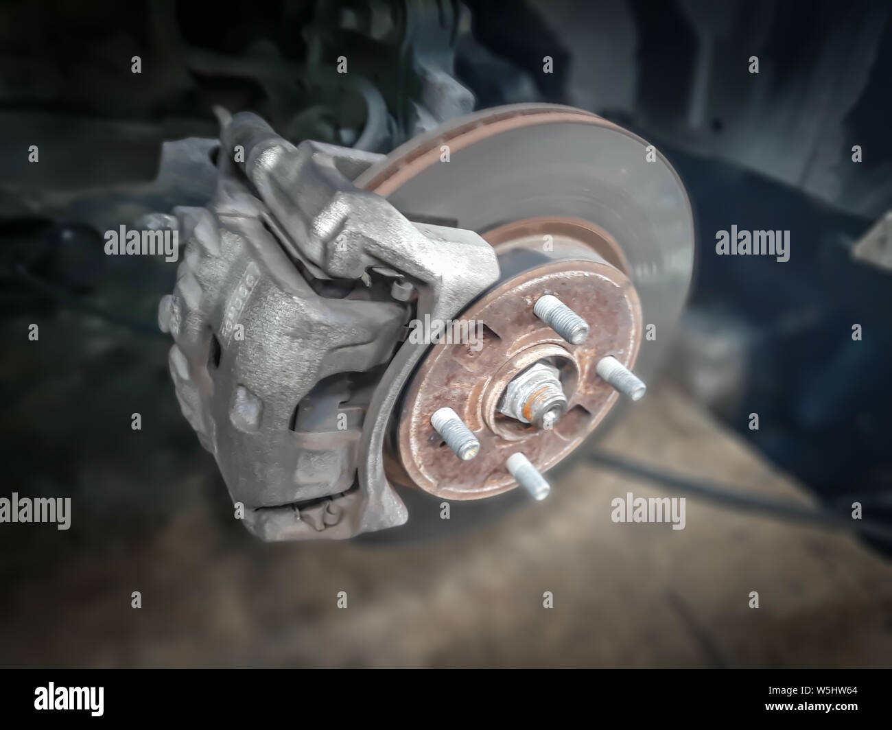 Car take wheel off show drum brake assembly. changing tire Stock Photo