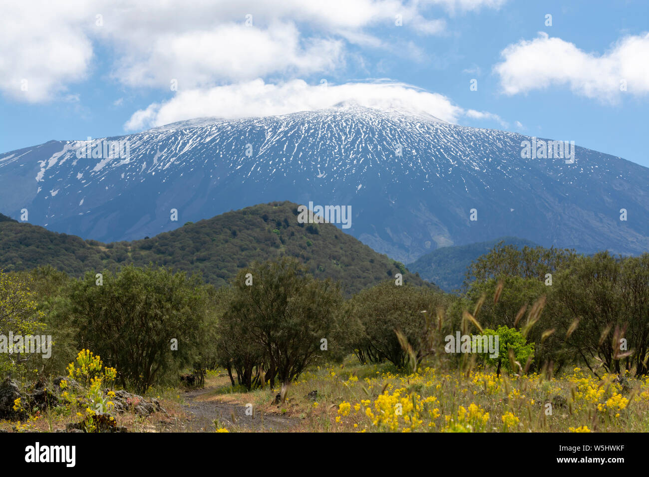 View on active stratovolcano Mount Etna on east coast of island Sicily ...