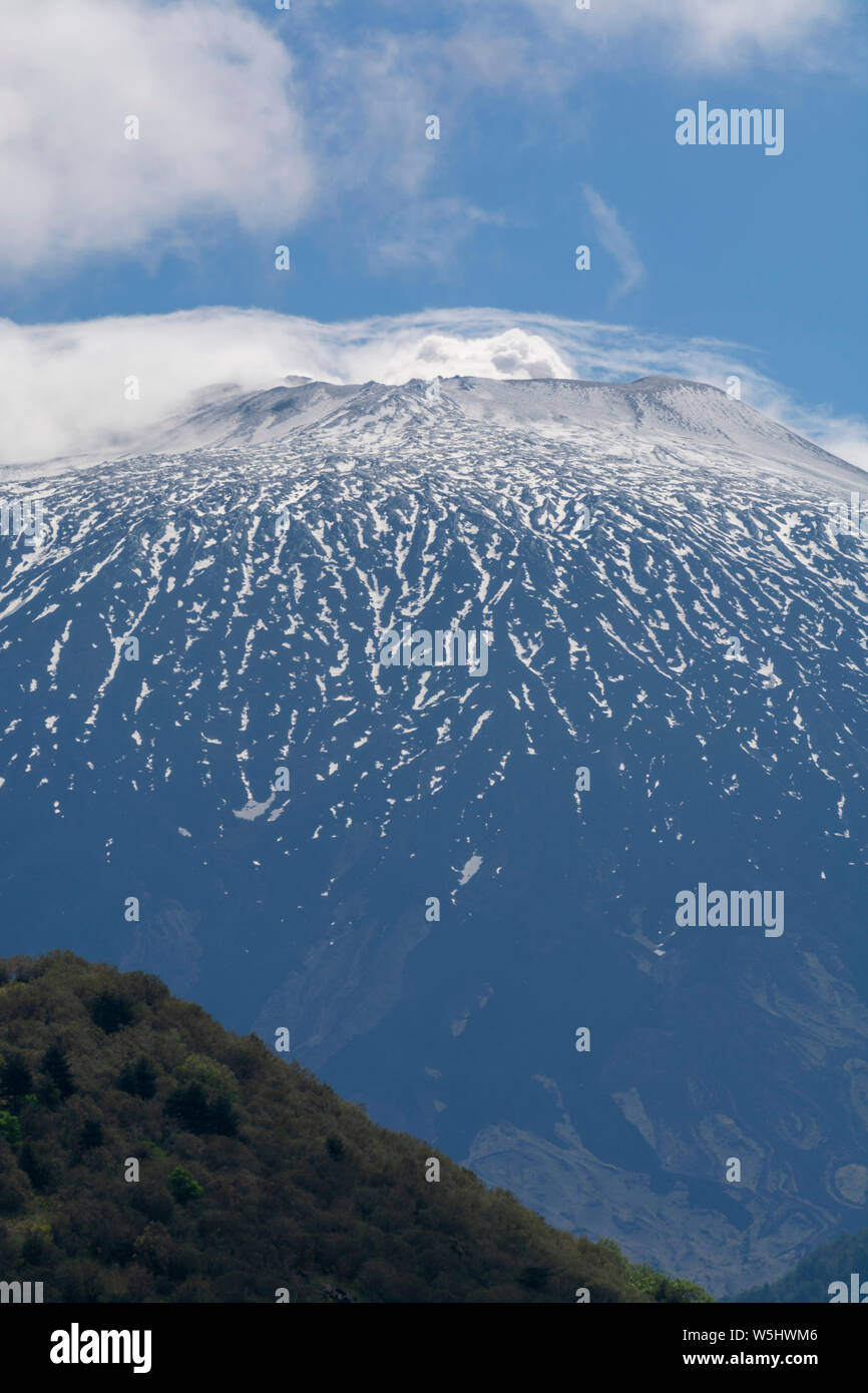 View on active stratovolcano Mount Etna on east coast of island Sicily ...