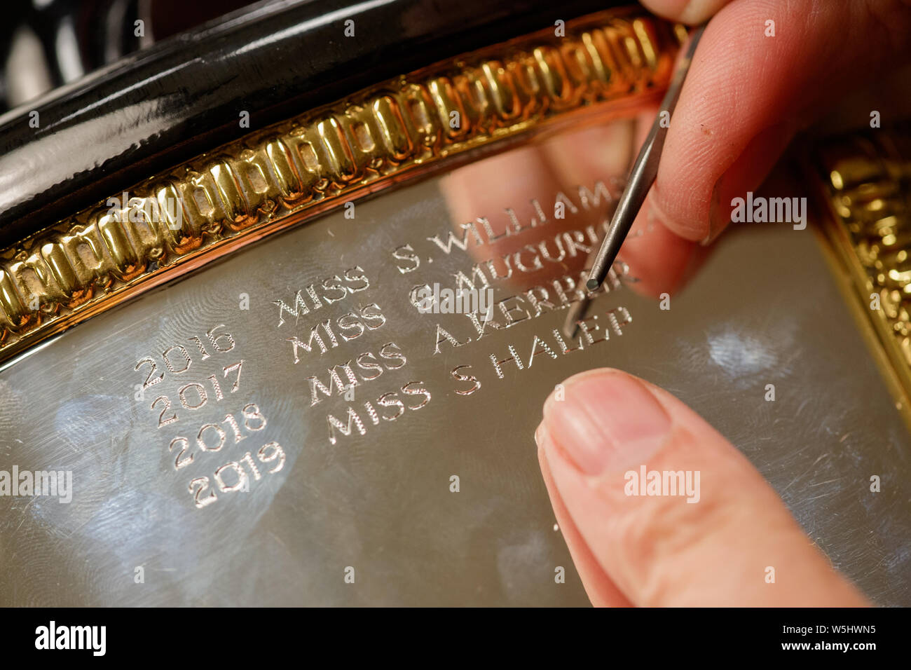 Detail Of The 2019 Ladies Singles Champion Simona Halep Being Engraved On The Venus Rosewater Dish Trophy Stand For The Championships At Wimbledon 2 Stock Photo Alamy