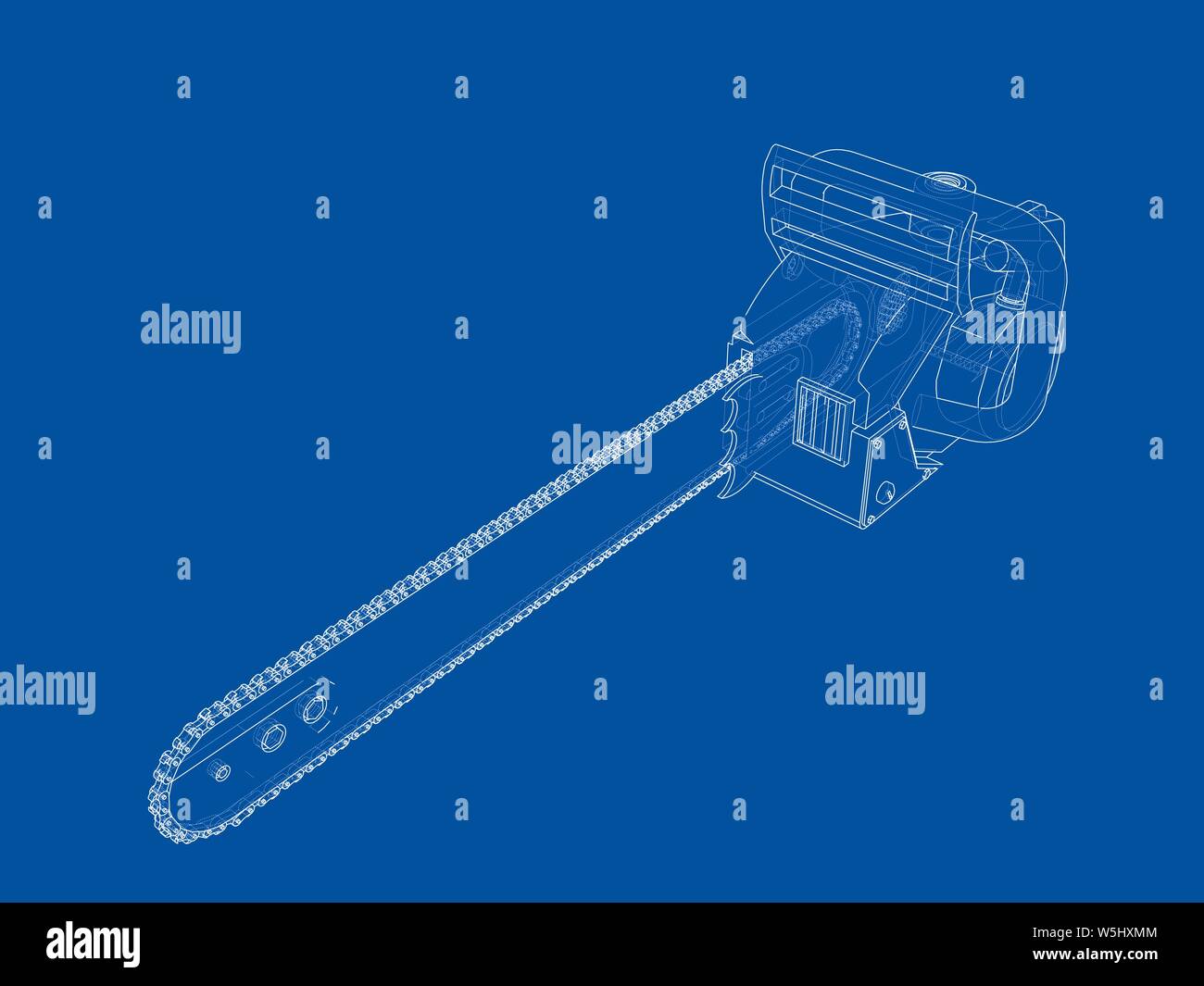 Chain saw. Vector rendering of 3d. Wire-frame style. The layers of visible and invisible lines are separated Stock Vector