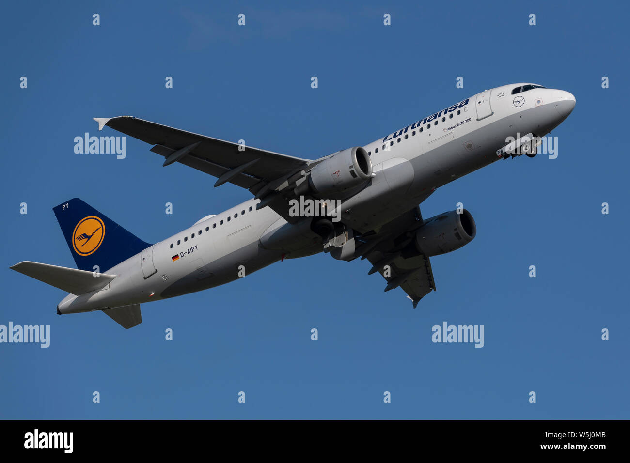 A Lufthansa Airbus A320-200 takes off from Manchester International Airport (Editorial use only) Stock Photo