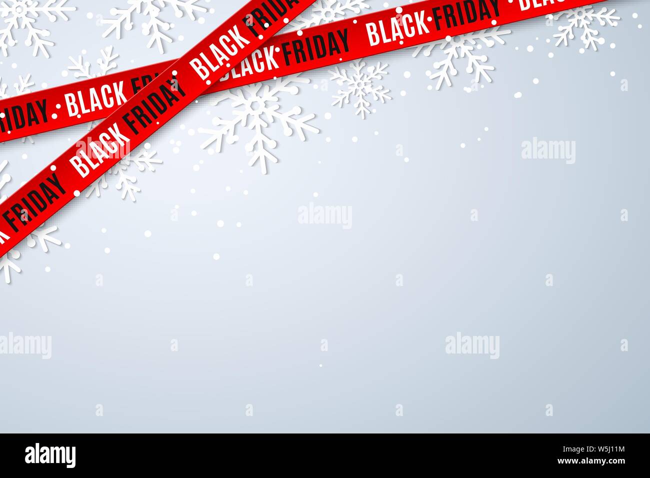 Template for Black Friday sale on light background with snowflakes. Crossed red ribbons with text. Super seasonal sale. Festive graphic elements. Vect Stock Vector