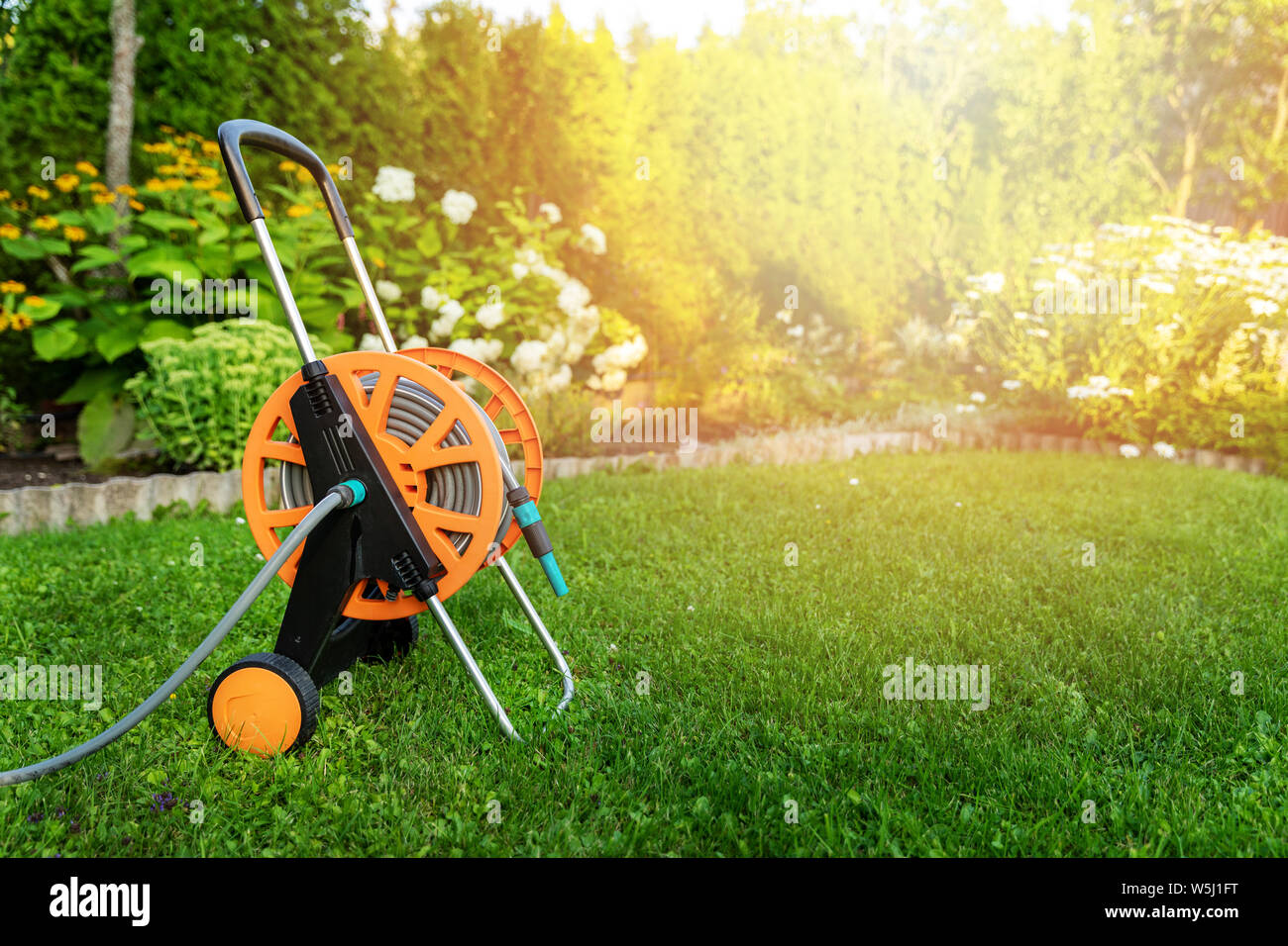 garden hose reel on green lawn in backyard copy space Stock Photo