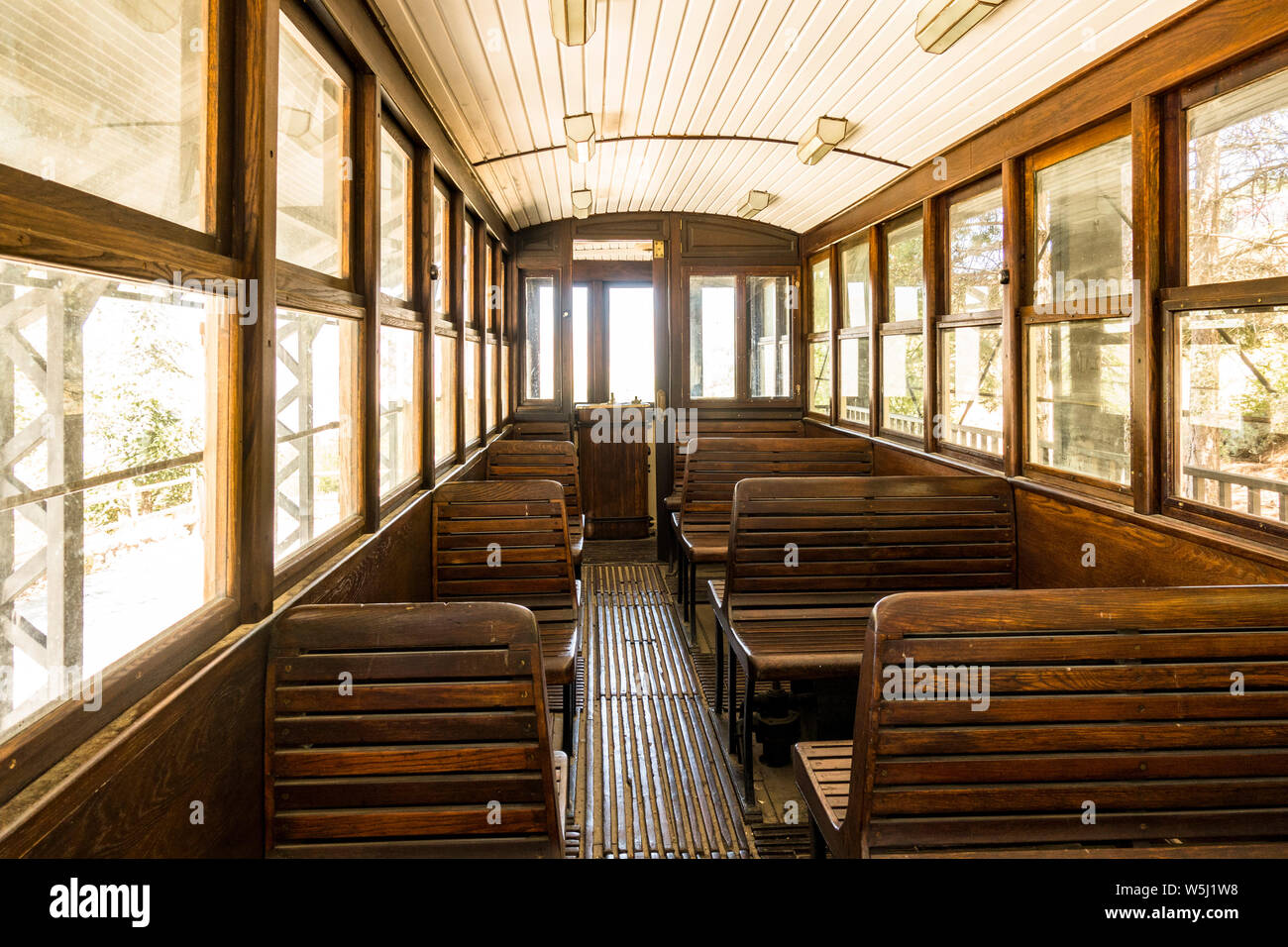 Interior of old tram, used in Sierra Nevada mountains, Spain. Stock Photo