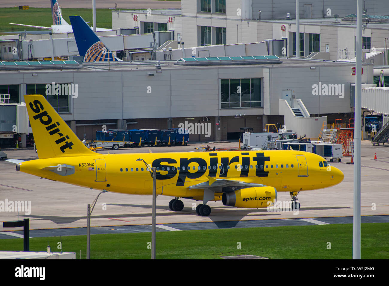 Orlando, Florida. July 09, 2019. Spirit Airlines aircraft on runway preparing for departure from the Orlando International Airport MCO Stock Photo