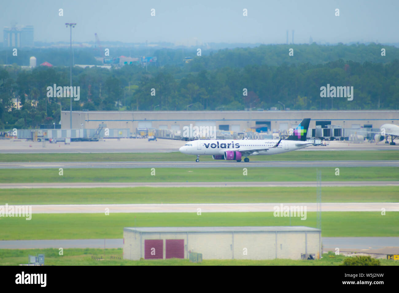Orlando, Florida. July 09, 2019 Volaris Airlines aircraft on runway