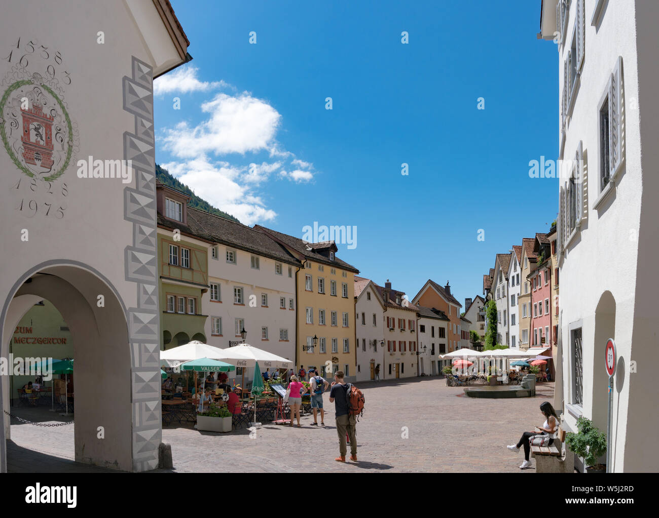 Chur, GR / Switzerland - 29. July 2019: the historic Arcas square in the old town of Chur in Switzerland Stock Photo